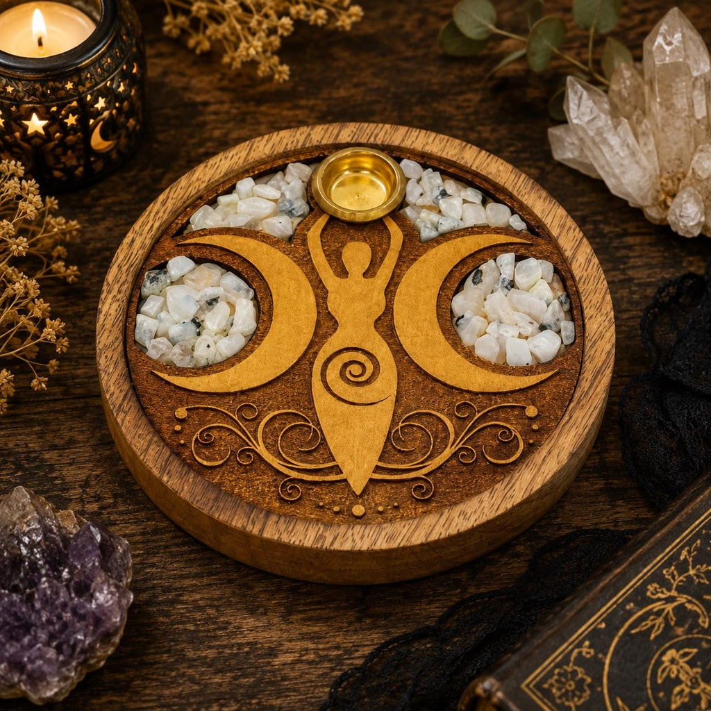Moon Goddess Incense Holder with Rainbow Moonstone Inlay – Laser Etched Round Wood Burner