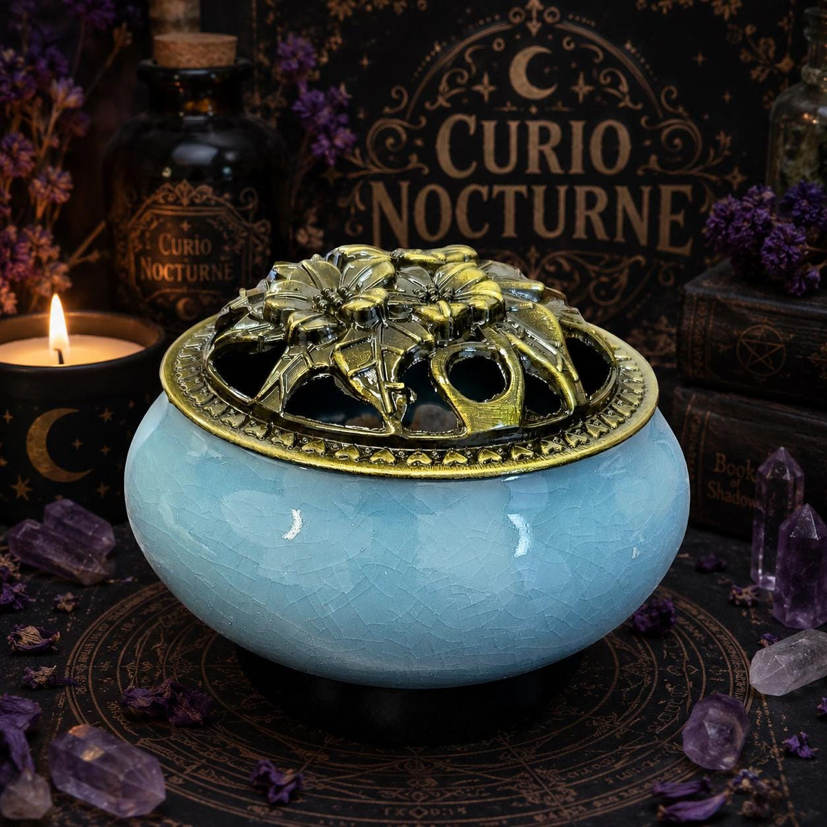 Ceramic Incense Burner Bowl with Floral Lid