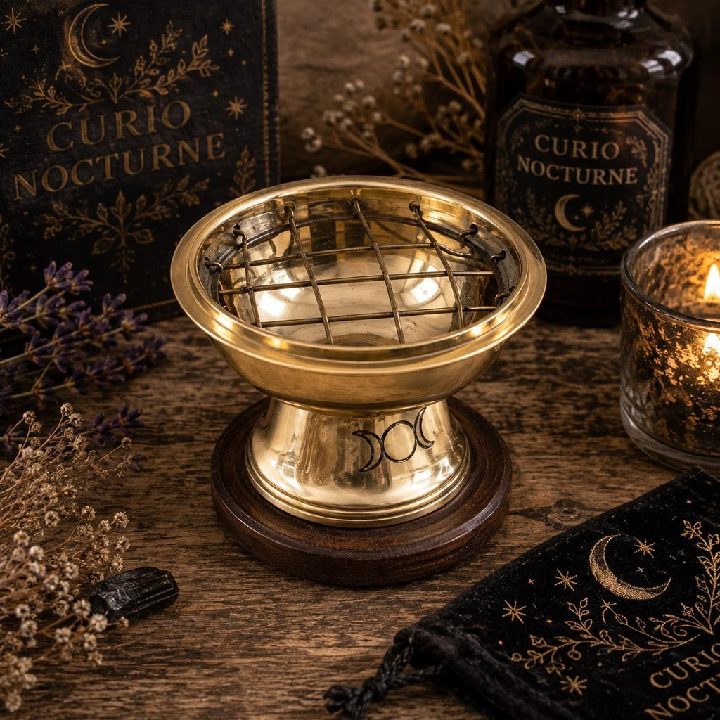 Triple Moon Brass Charcoal & Incense Burner with Wooden Coaster