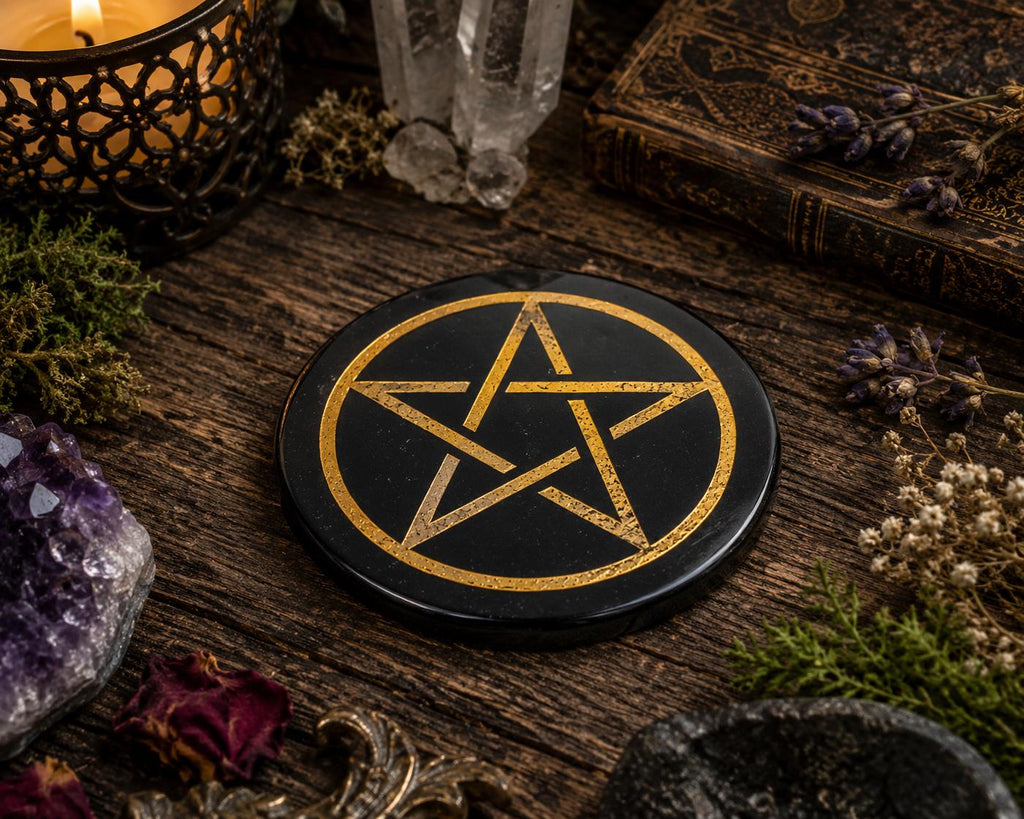 Black Agate Pentacle Coaster & Altar Tile – 3 Inch Crystal Charging Plate