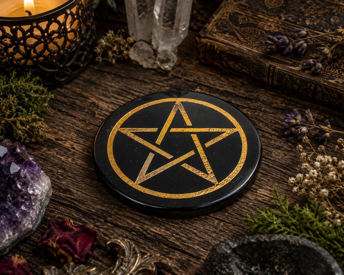 Black Agate Pentacle Coaster & Altar Tile – 3 Inch Crystal Charging Plate