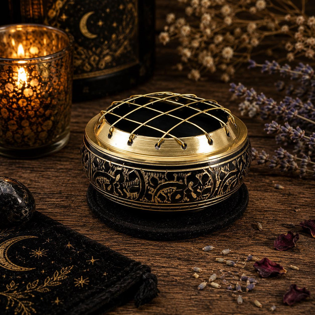 Black Carved Brass Screen Charcoal & Incense Burner with Wooden Coaster