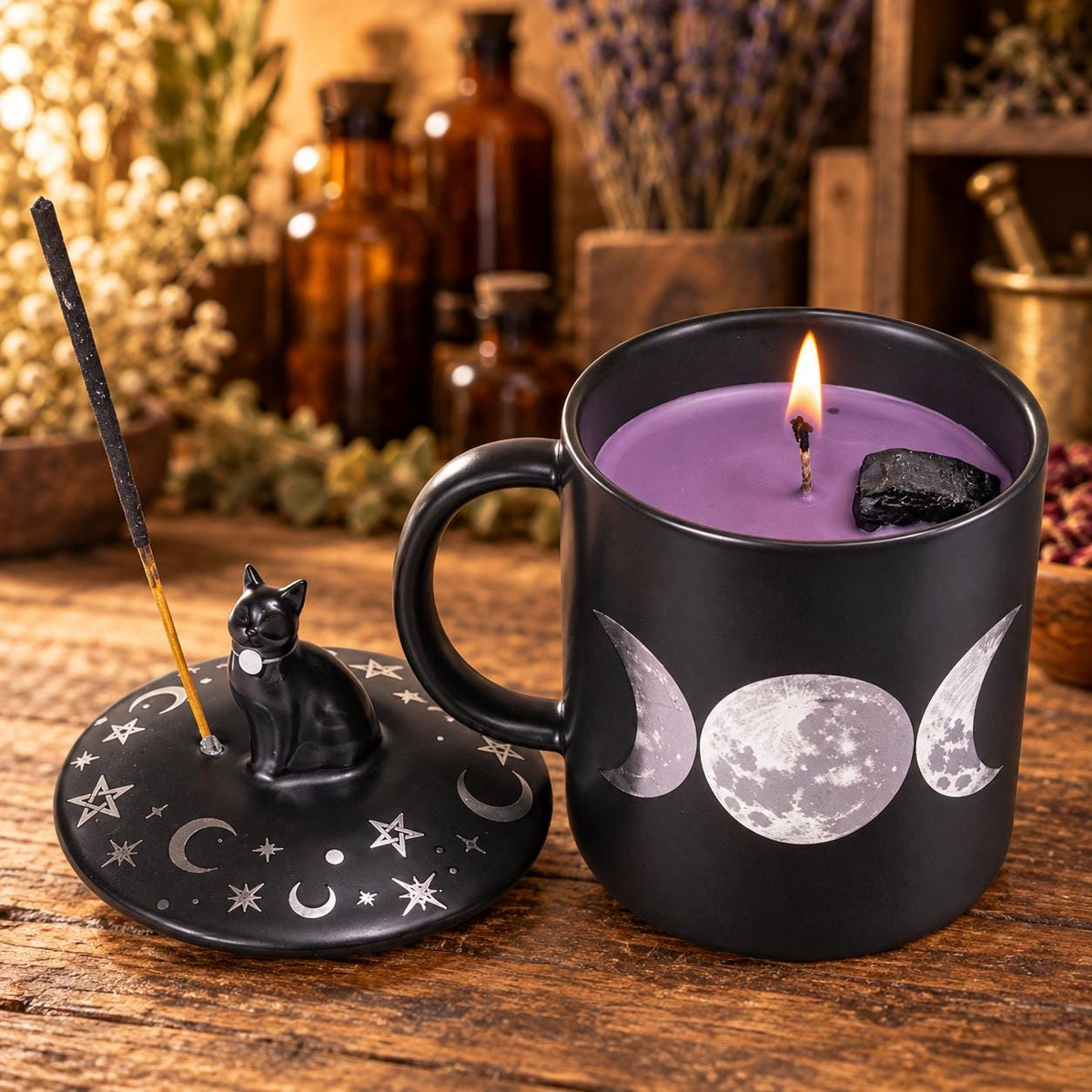 Triple Moon Candle Mug with Black Tourmaline • Cedar & Lavender