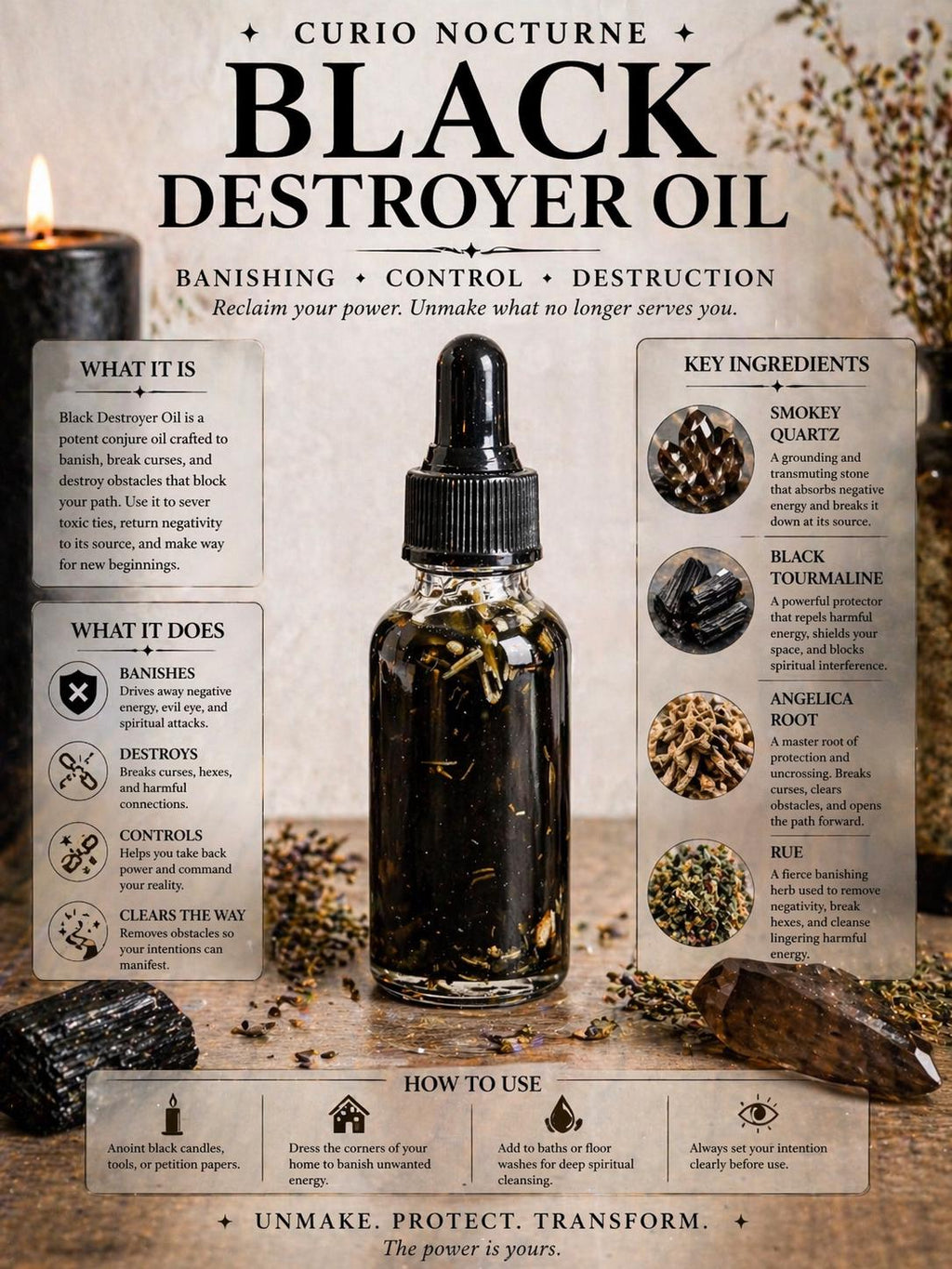 Black Destroyer Oil • Hex Breaking Oil • Protection & Control Conjure Oil • Remove Negativity • Spiritual Cleansing Oil