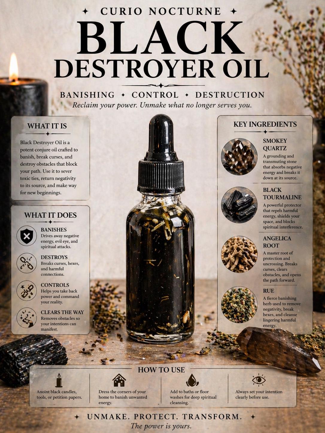 Black Destroyer Oil • Hex Breaking Oil • Protection & Control Conjure Oil • Remove Negativity • Spiritual Cleansing Oil
