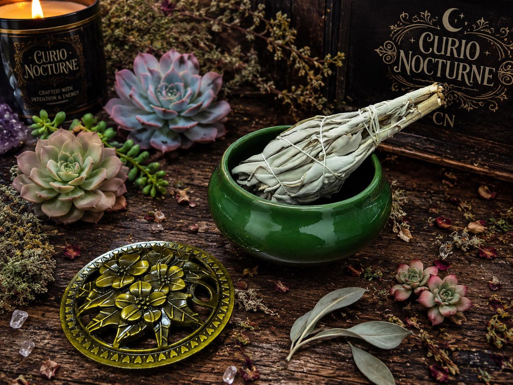 Green Ceramic Incense Burner Bowl with Lid