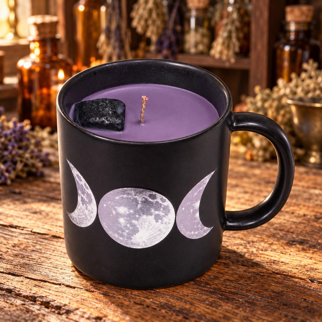 Triple Moon Candle Mug with Black Tourmaline • Cedar & Lavender