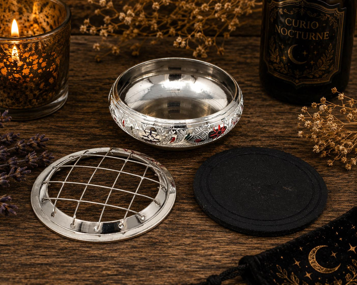 Silver Finish Engraved Brass Screen Charcoal & Incense Burner with Wooden Coaset