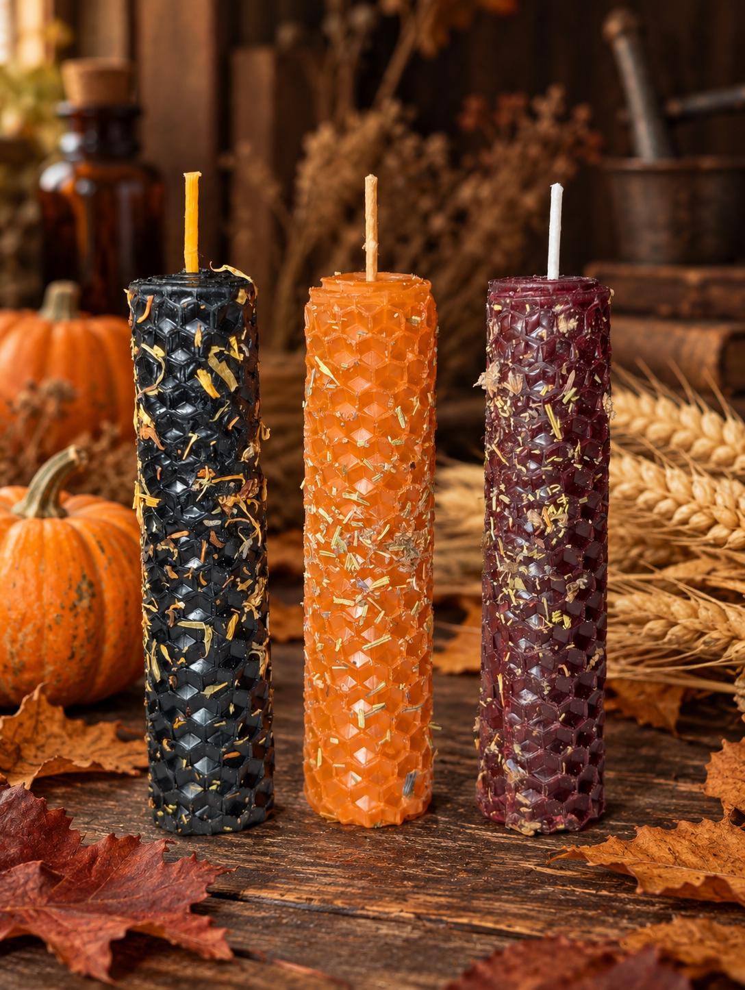 Samhain Ritual Candle Set of 3 • Hand-Rolled Beeswax Candles for Ancestor Work, Protection, Release & Transformation