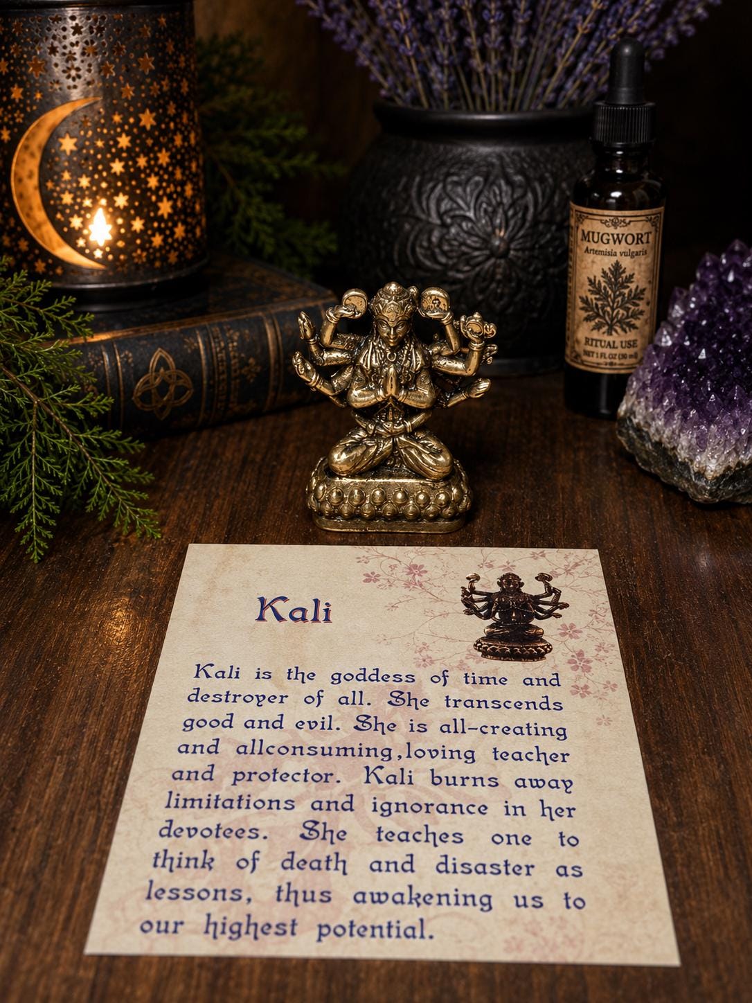 Brass Kali Statue with Information Card • Goddess of Transformation