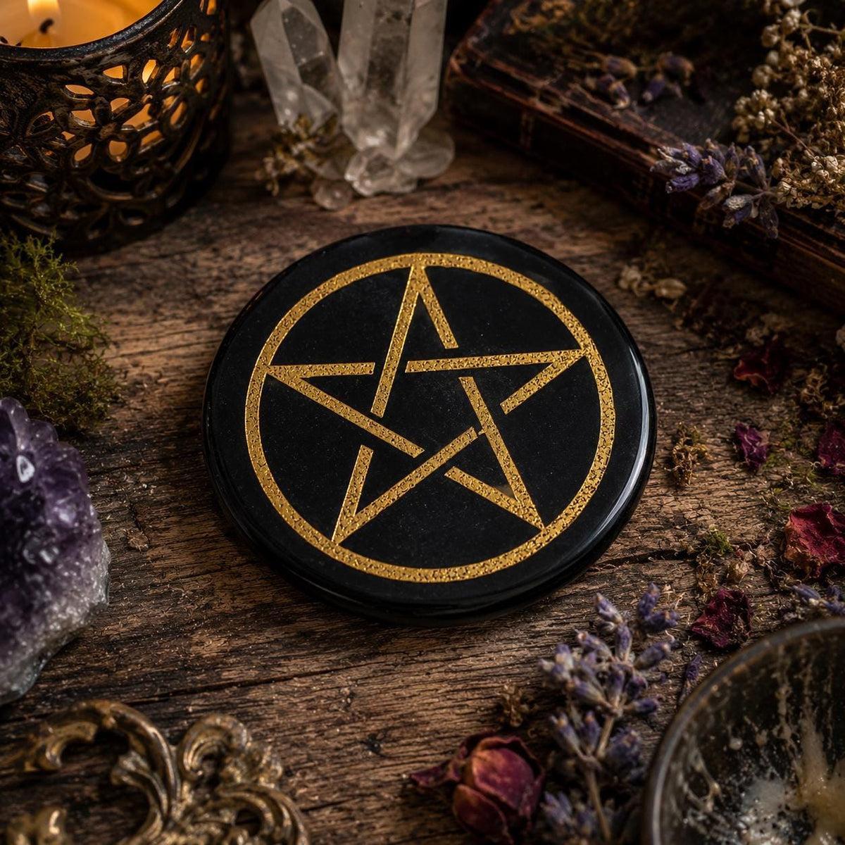 Black Agate Pentacle Coaster & Altar Tile – 3 Inch Crystal Charging Plate