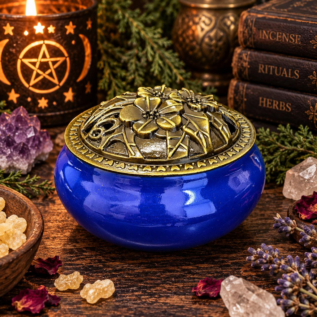 Ceramic Incense Burner Bowl with Floral Lid