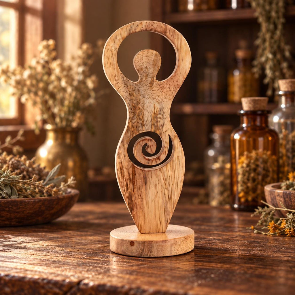Carved Wooden Goddess Totem with Spiral • 7.5" Altar Statue, Sacred Feminine Décor, Hand-Carved Natural Wood