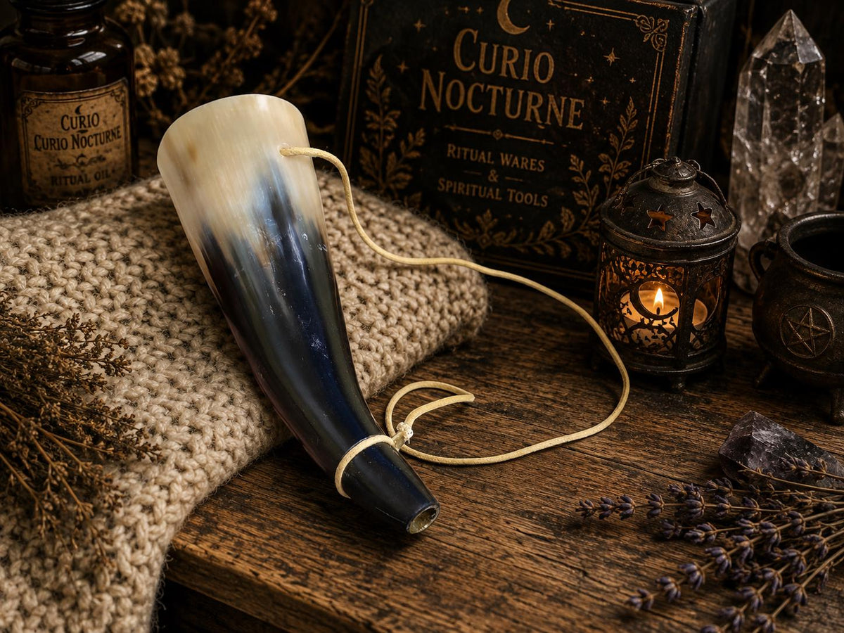 Buffalo Horn Blowing Horn with Adjustable Carry Strap • Small Genuine Horn for Rituals, Altar Decor, Renaissance