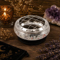 Silver Finish Engraved Brass Screen Charcoal & Incense Burner with Wooden Coaset