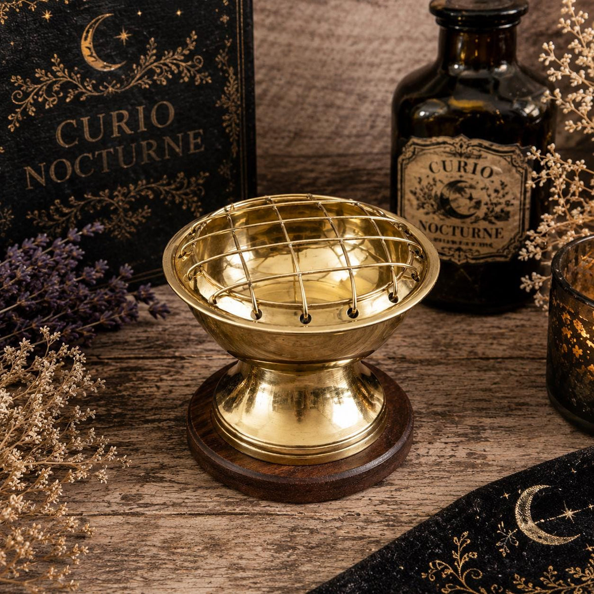 Brass Screen Charcoal & Incense Burner with Wooden Coaster
