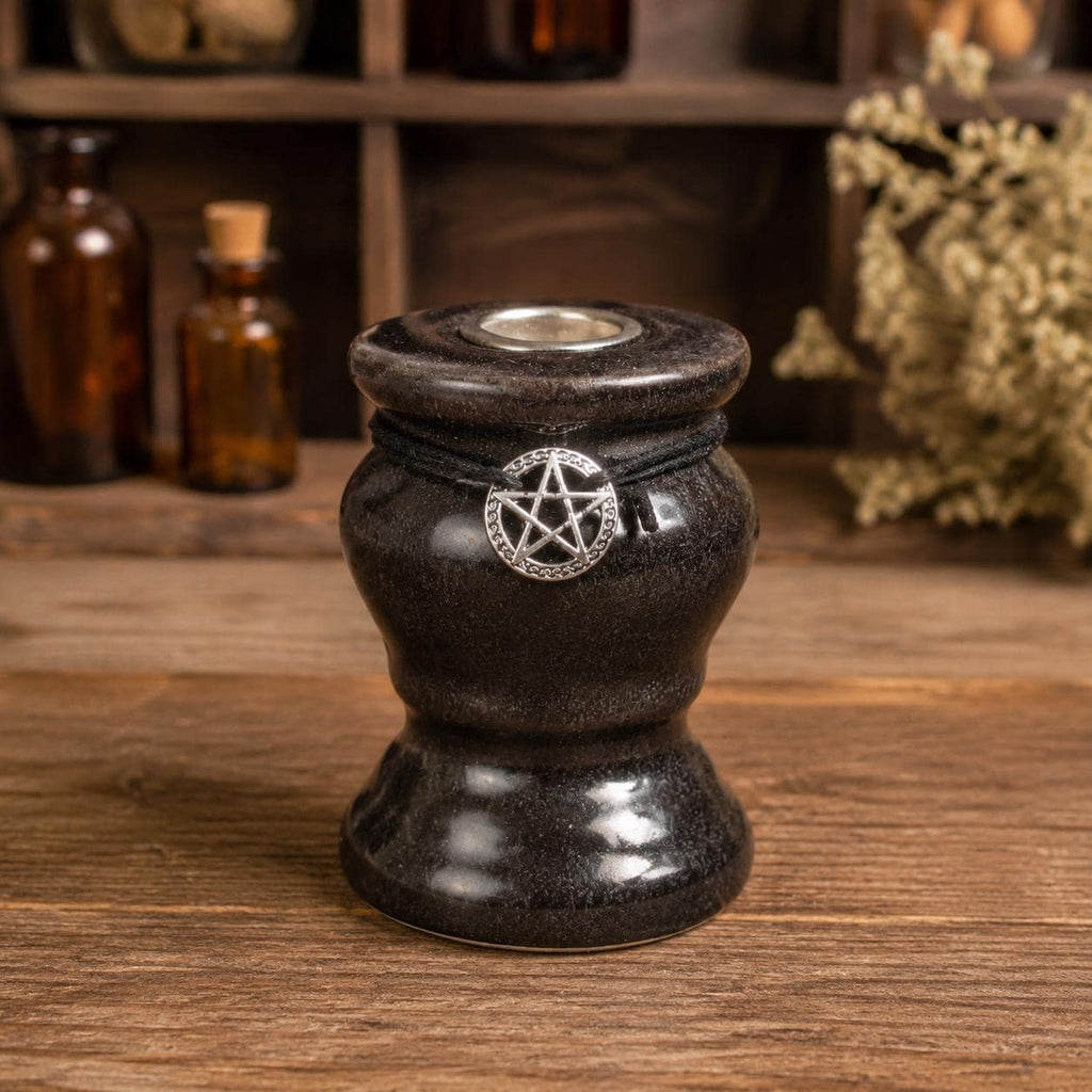 Black Ceramic Pentacle Candle Holder • Chime & Ritual Candle Holder • Witchy Altar Decor
