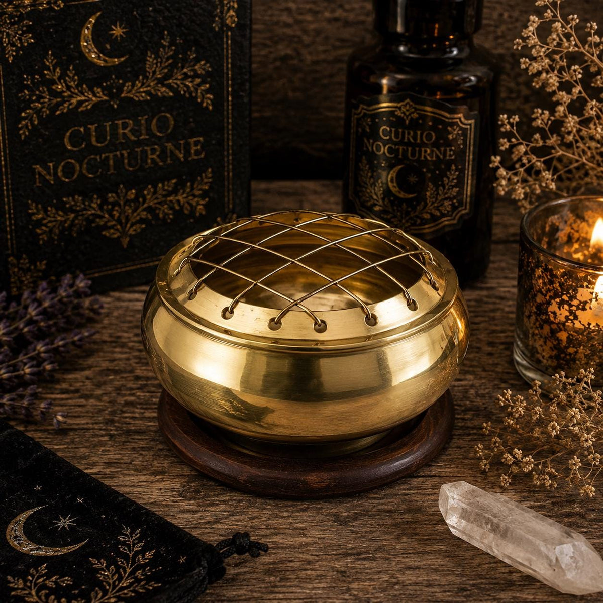 Brass Screen Incense Burner with Wooden Coaster