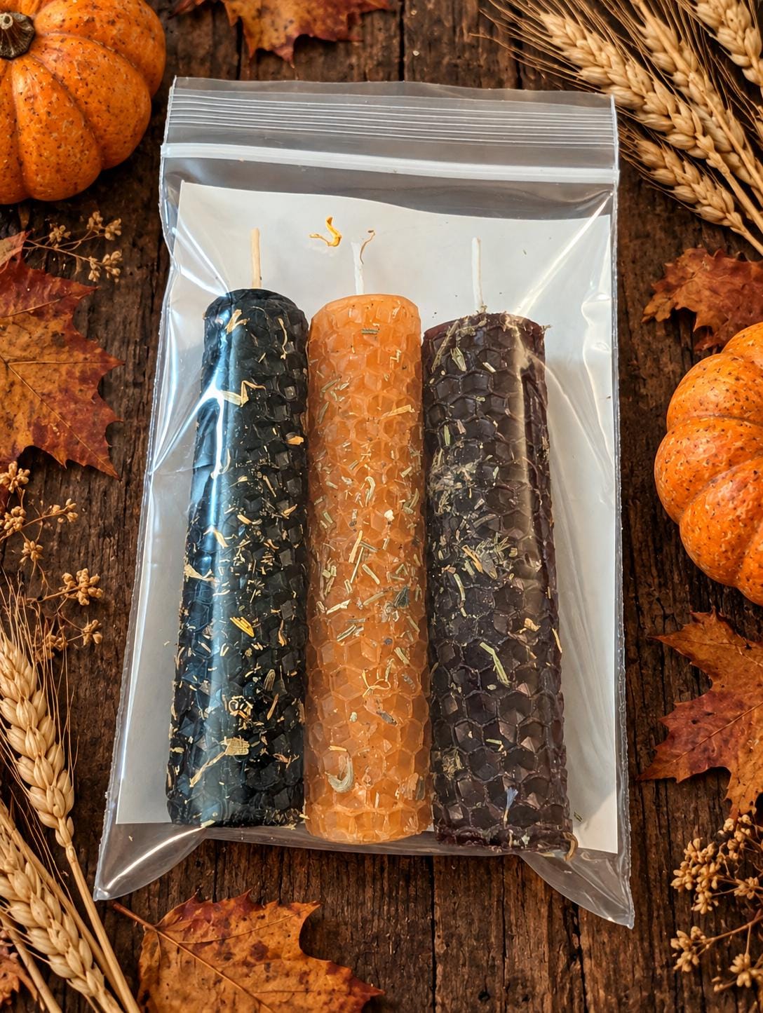 Samhain Ritual Candle Set of 3 • Hand-Rolled Beeswax Candles for Ancestor Work, Protection, Release & Transformation