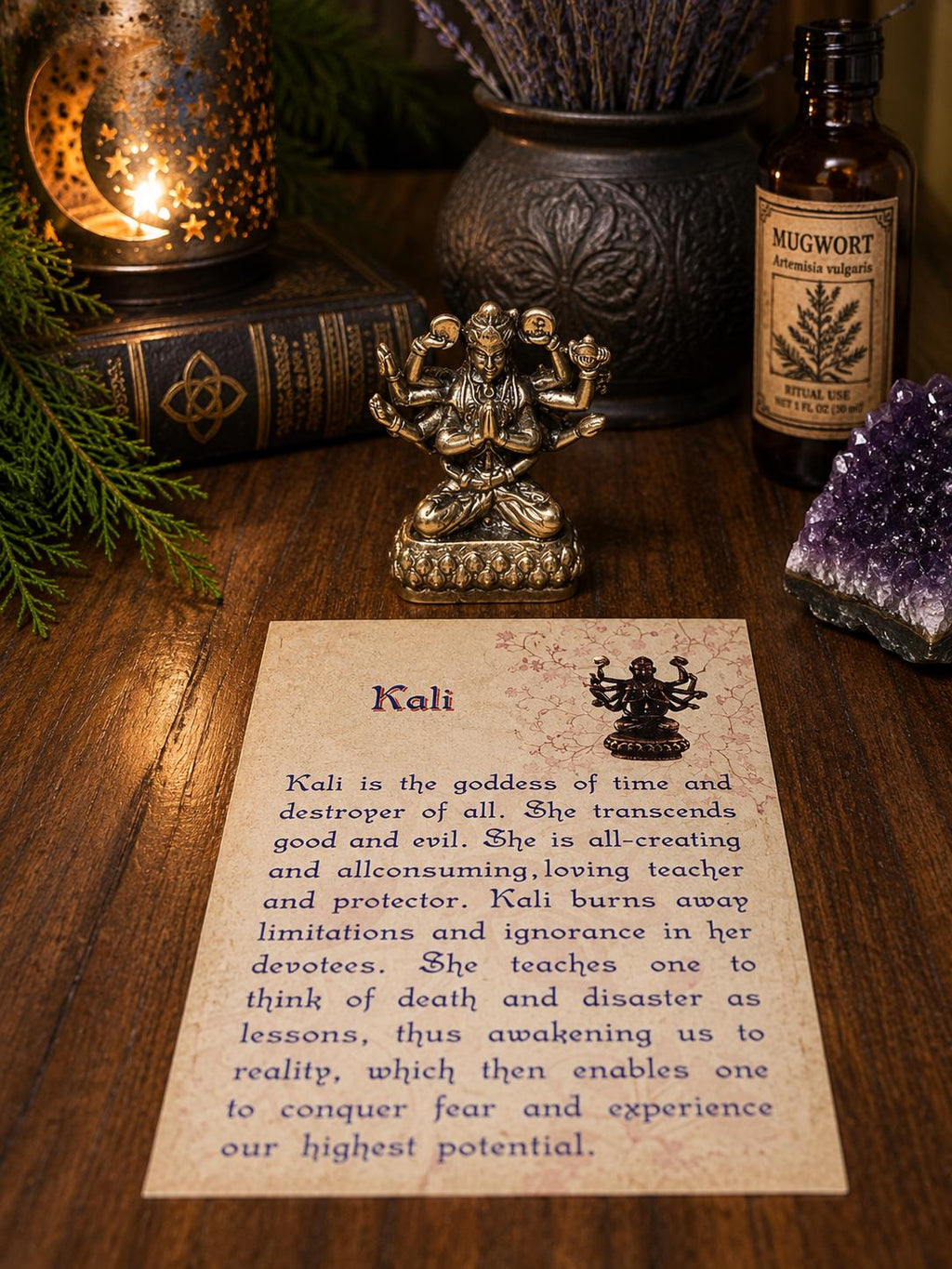 Brass Kali Statue with Information Card • Goddess of Transformation
