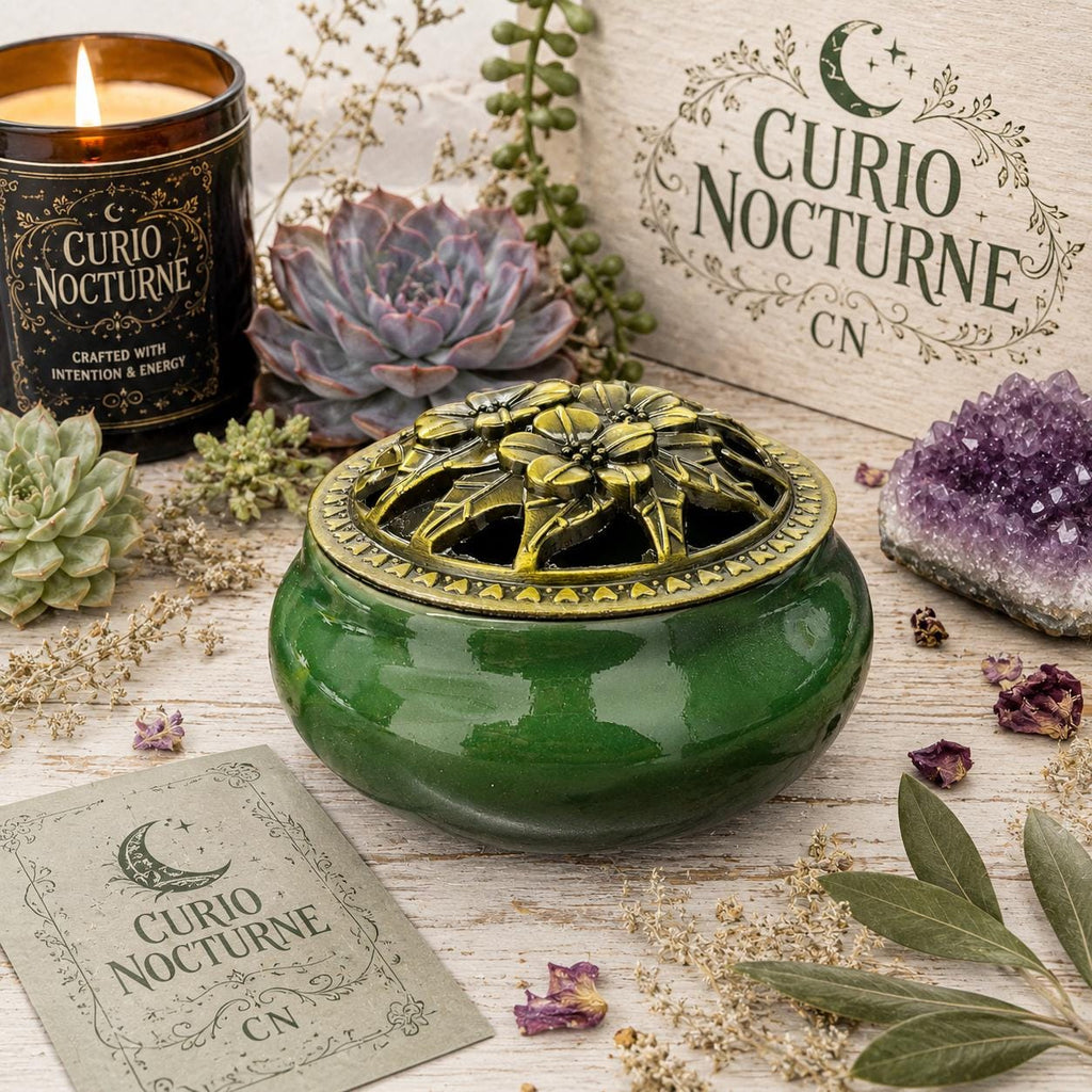 Green Ceramic Incense Burner Bowl with Lid