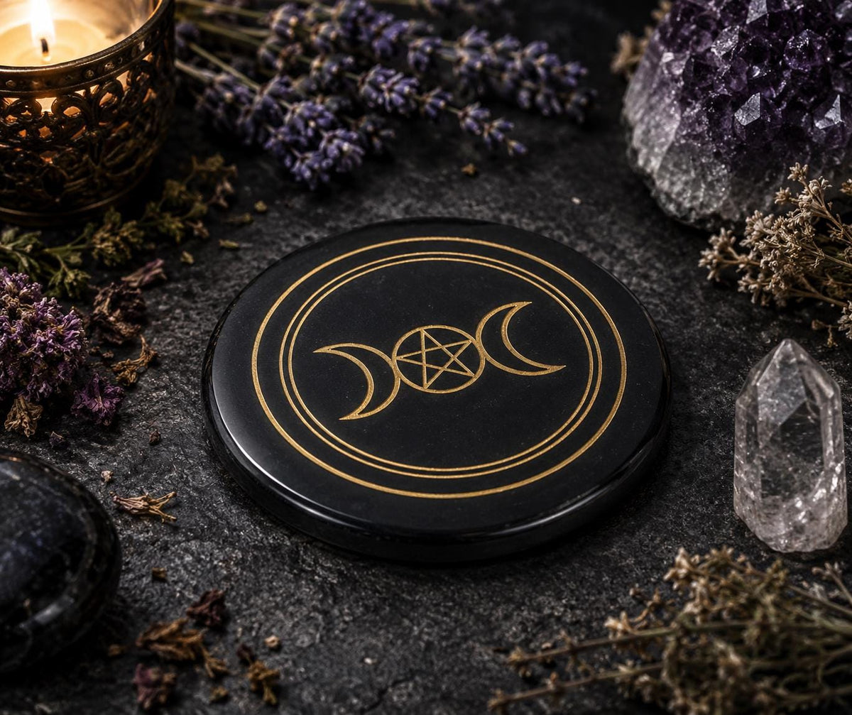 Black Agate Triple Moon Coaster & Altar Tile – 3 Inch Crystal Charging Plate
