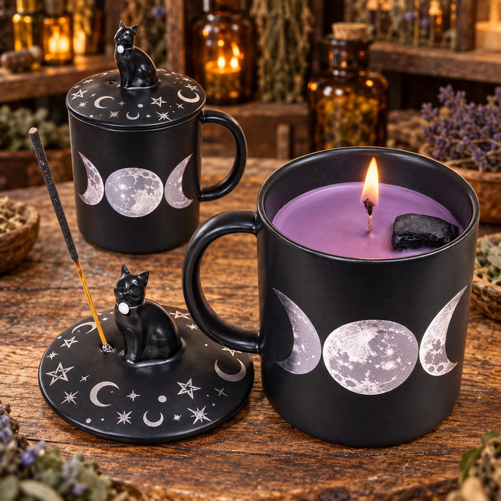 Triple Moon Candle Mug with Black Tourmaline • Cedar & Lavender