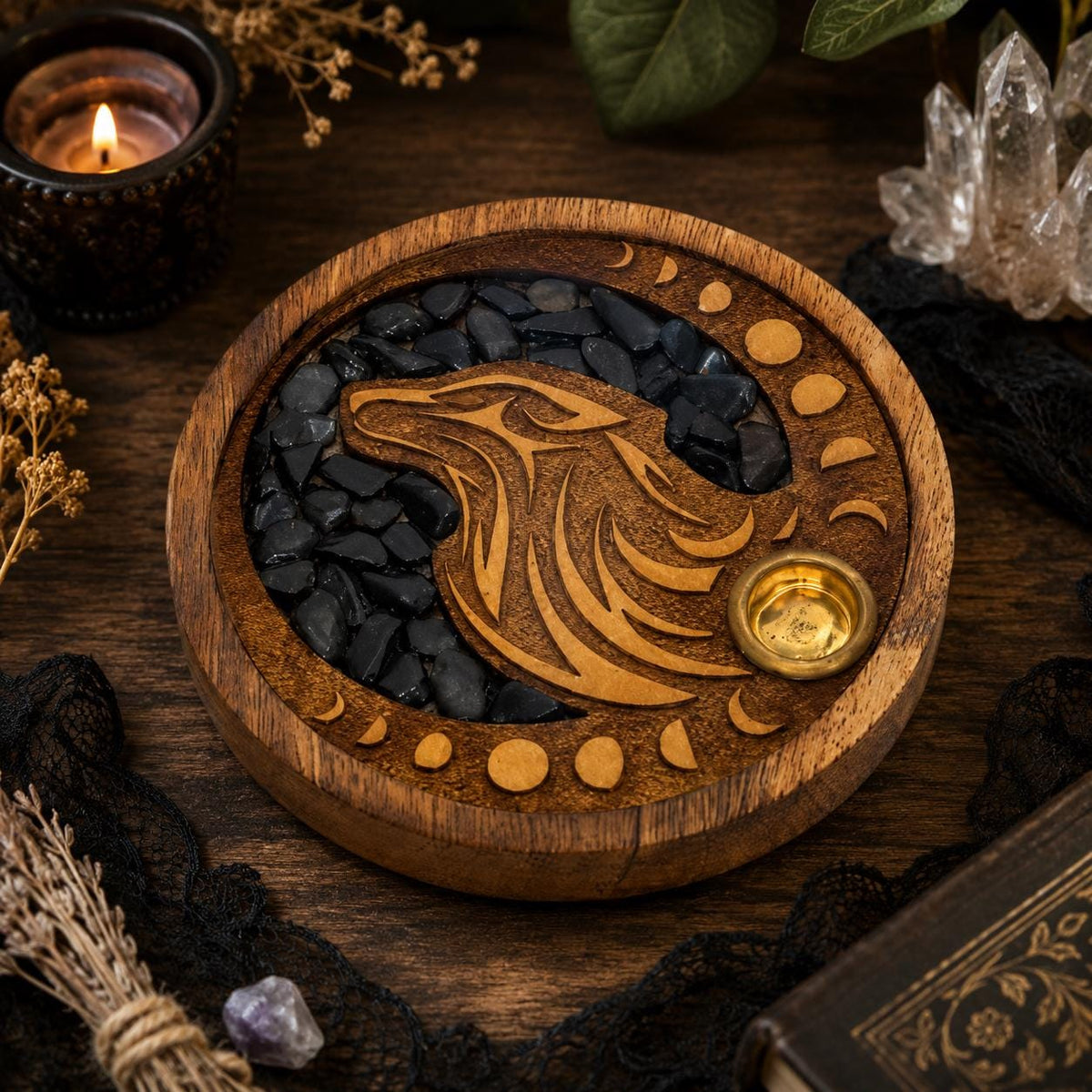 Wolf Moon Phase Incense Holder with Black Onyx Crystals