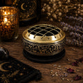 Black Carved Brass Screen Charcoal & Incense Burner with Wooden Coaster