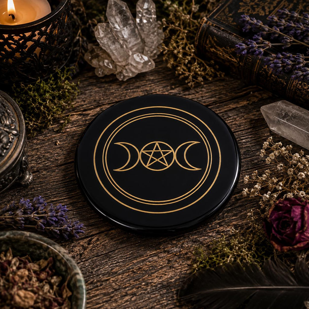 Black Agate Triple Moon Coaster & Altar Tile – 3 Inch Crystal Charging Plate