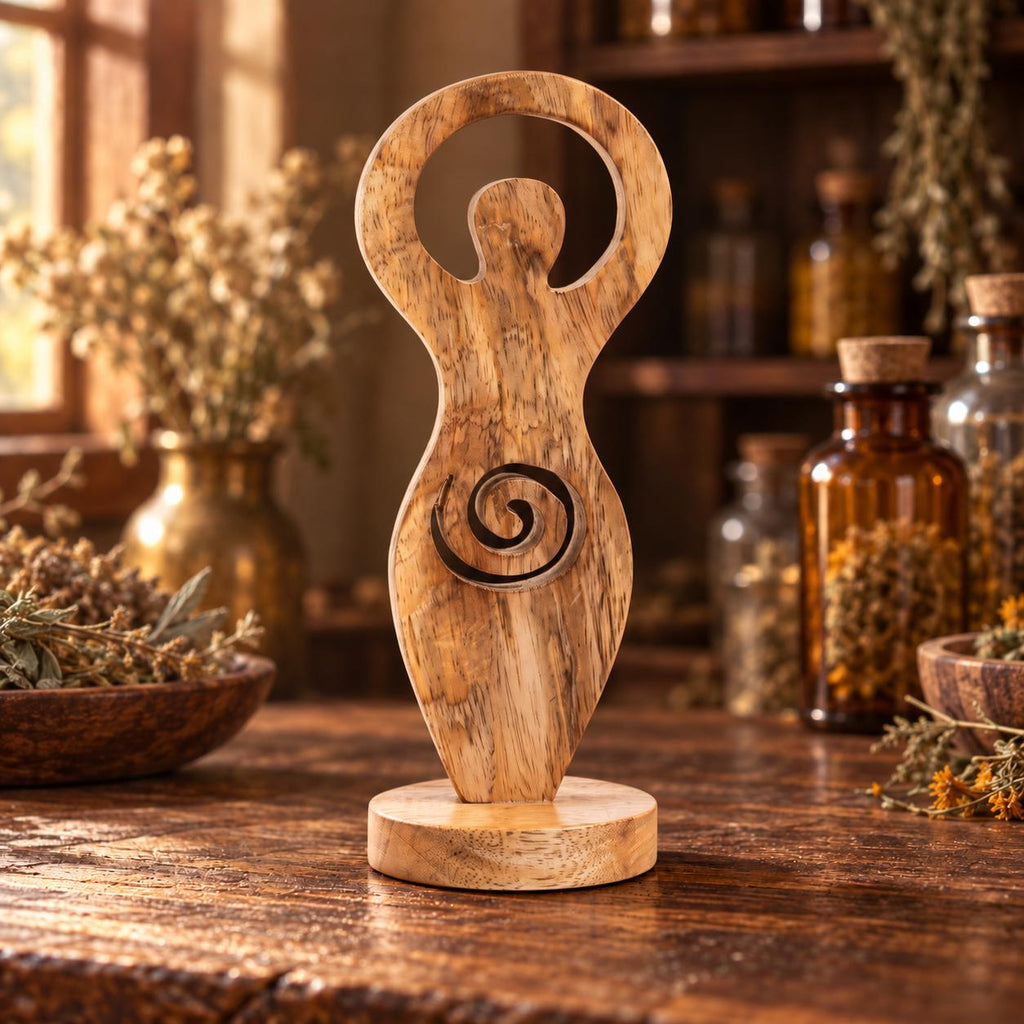 Carved Wooden Goddess Totem with Spiral • 7.5" Altar Statue, Sacred Feminine Décor, Hand-Carved Natural Wood