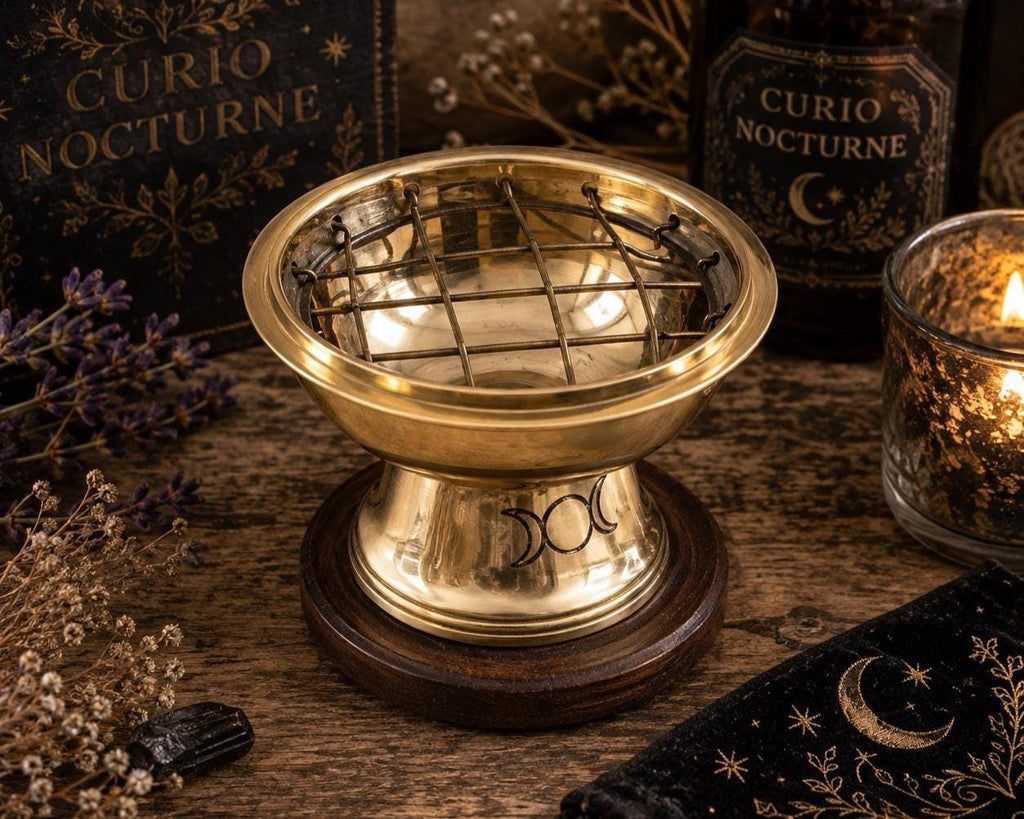 Triple Moon Brass Charcoal & Incense Burner with Wooden Coaster