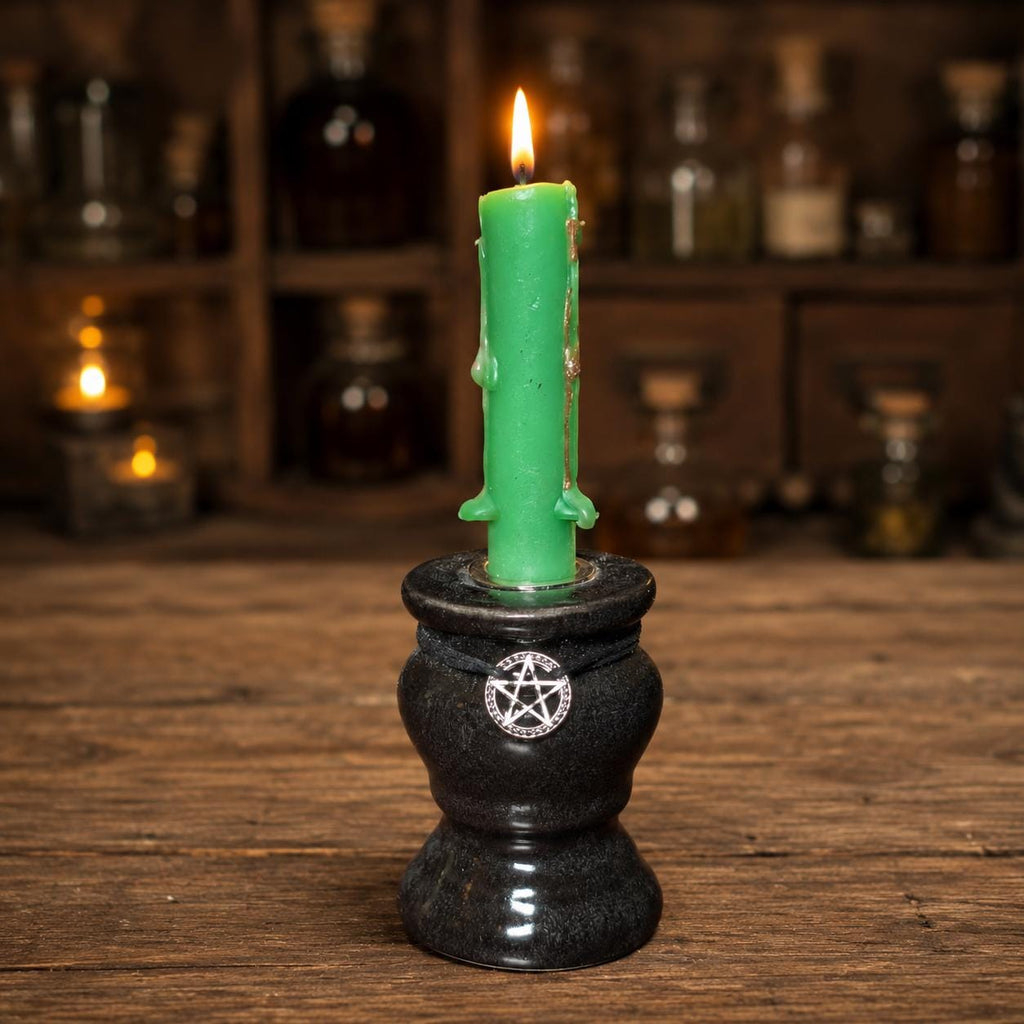 Black Ceramic Pentacle Candle Holder • Chime & Ritual Candle Holder • Witchy Altar Decor