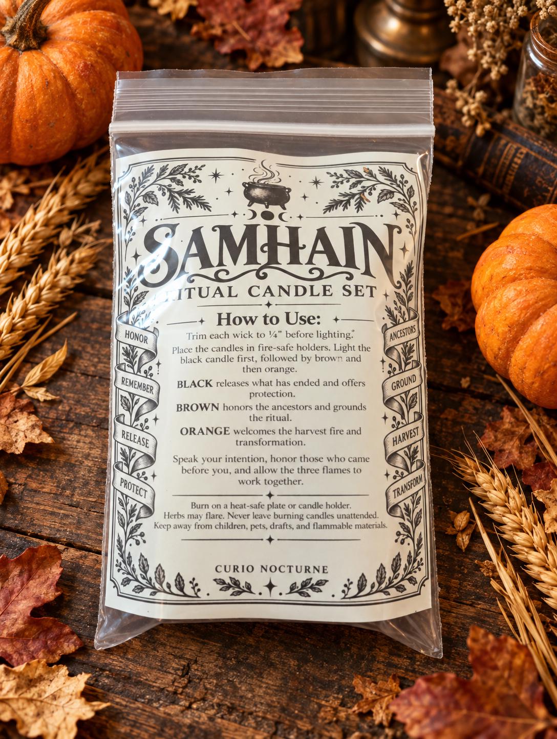 Samhain Ritual Candle Set of 3 • Hand-Rolled Beeswax Candles for Ancestor Work, Protection, Release & Transformation