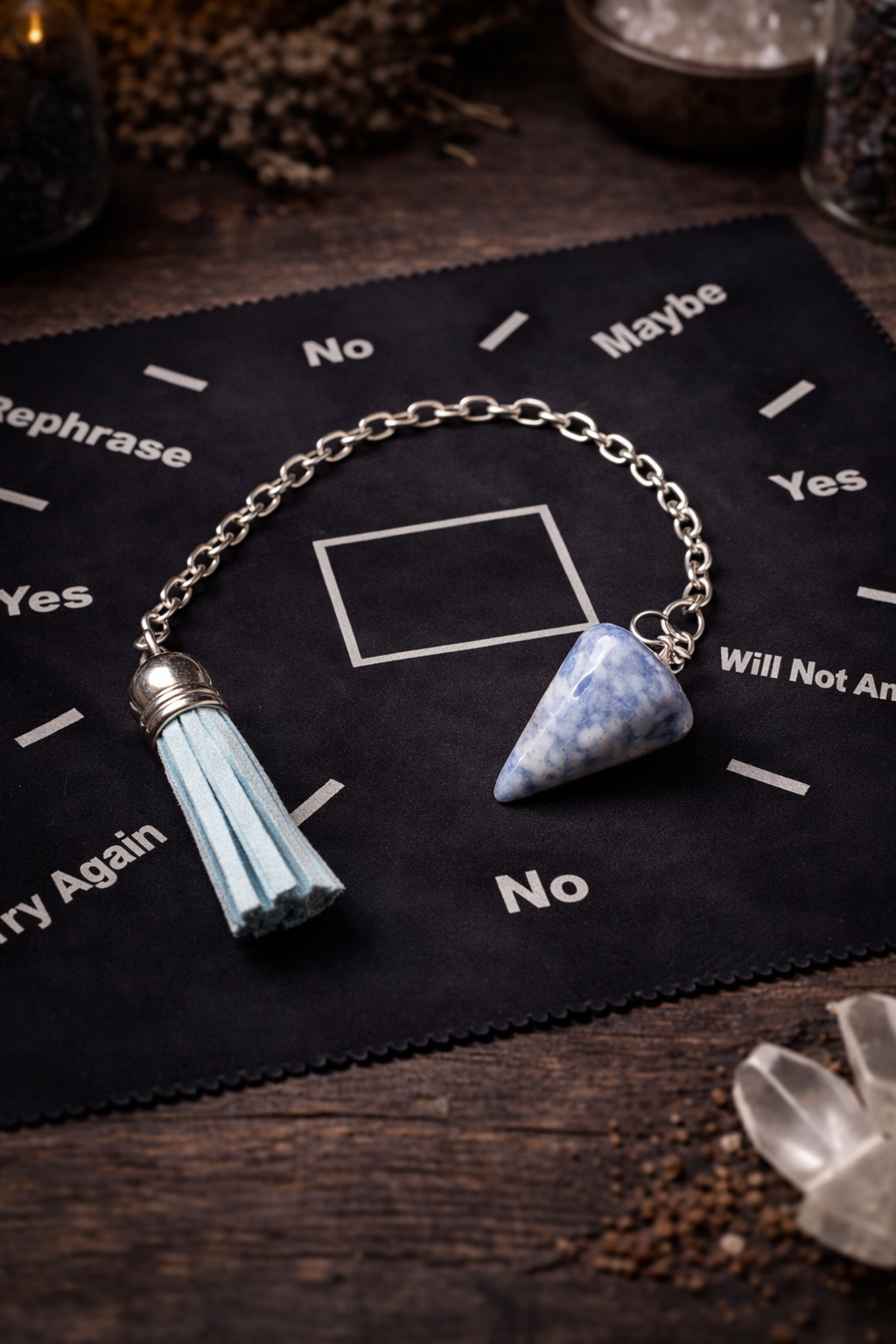 Crystal Pendulum & Velvet Divination Mat Set – Blue Quartz, Milky Quartz, or Green Aventurine • Dowsing Tool, Spiritual Guidance