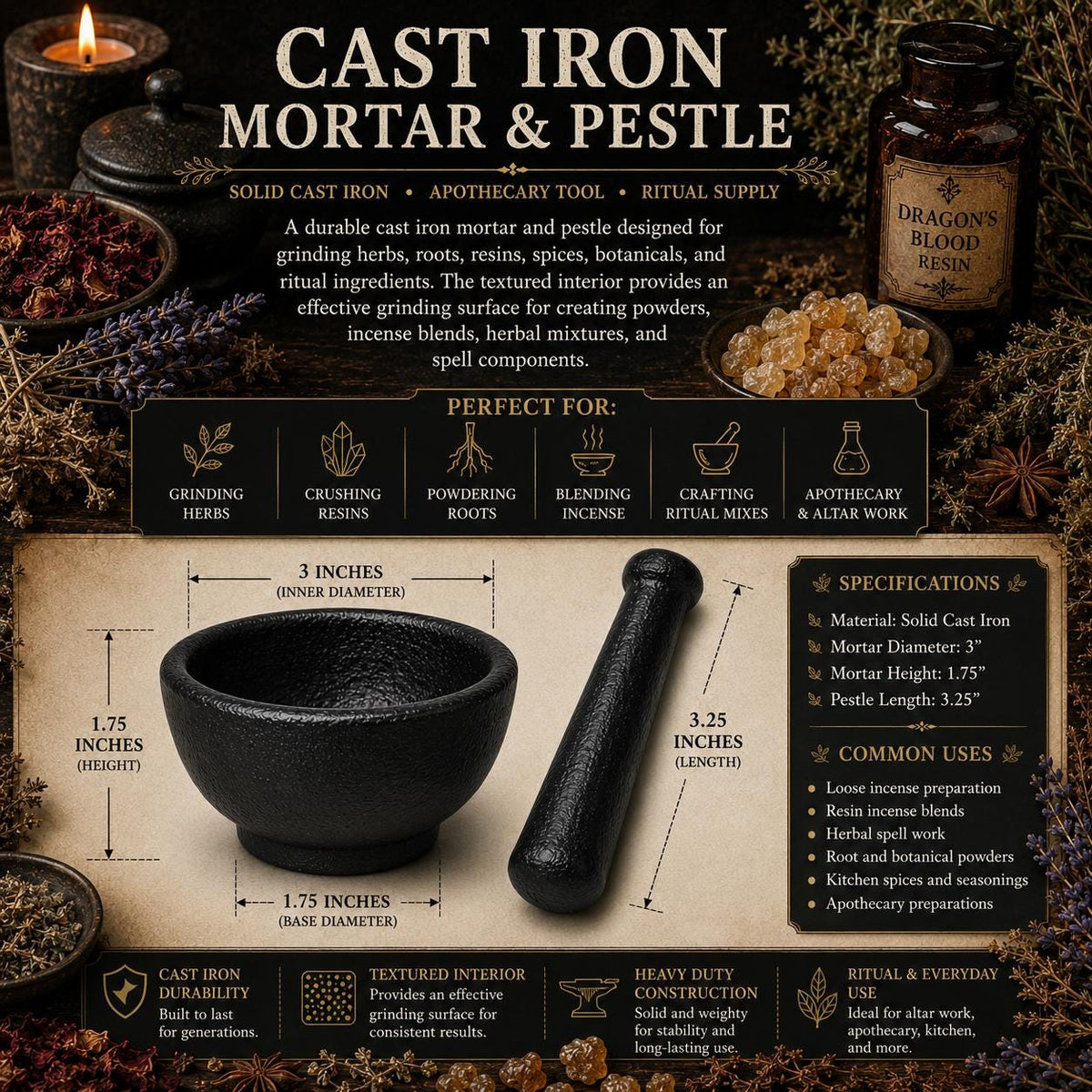 Cast Iron Mortar & Pestle • Herb Grinder • Resin Crusher • Apothecary Tool • Witchcraft Supplies • Incense Making • Altar Tool
