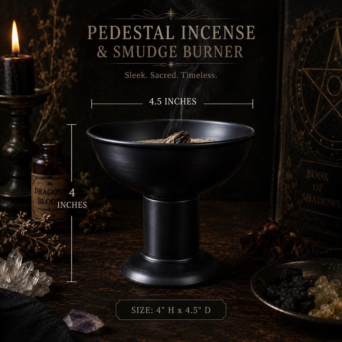 Pedestal Metal Incense & Offering Bowl • 4" x 4.5" Altar Bowl • Money Bowl • Resin Palo Santo Smudge Herb Bundle Holder • Ritual Decor