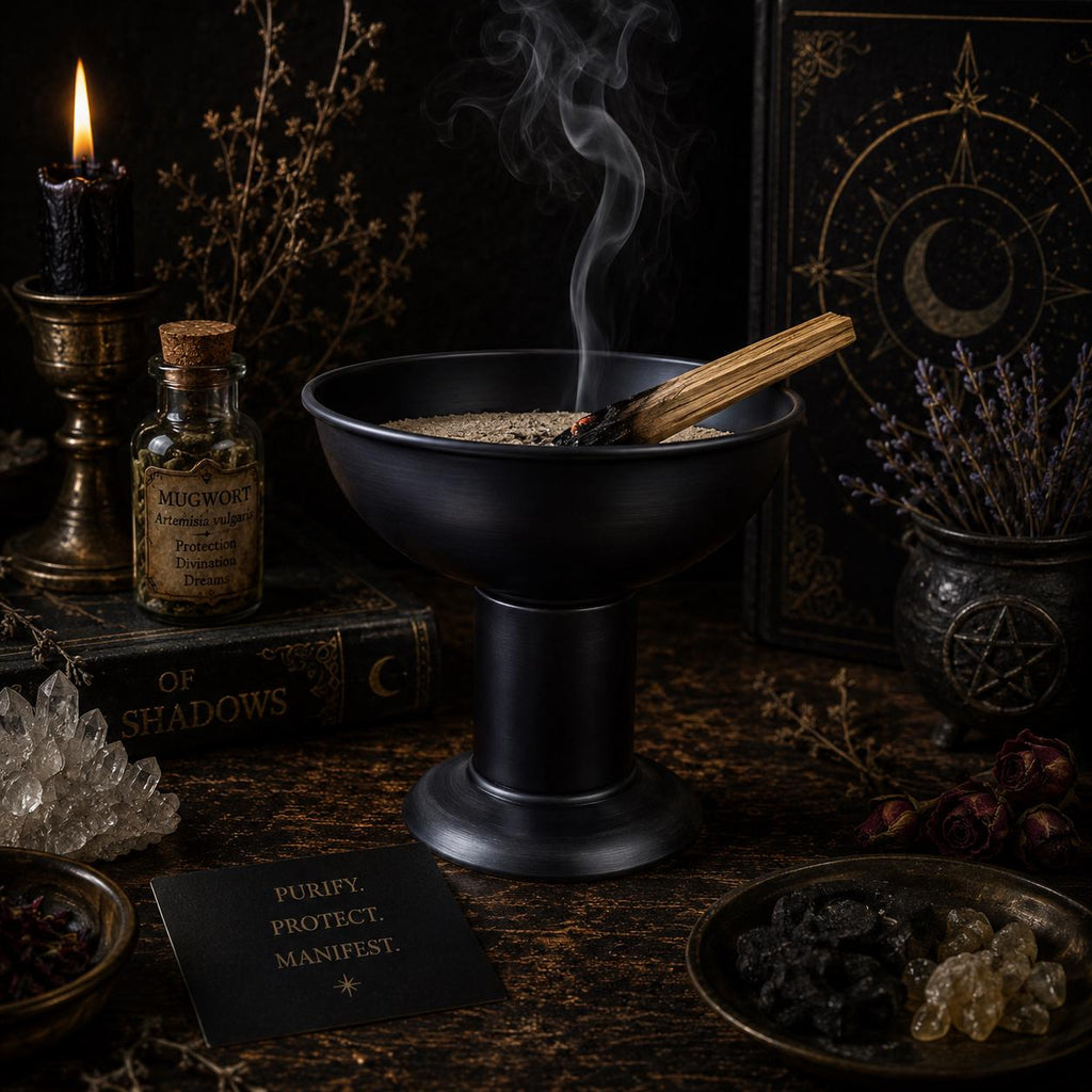 Pedestal Metal Incense & Offering Bowl • 4" x 4.5" Altar Bowl • Money Bowl • Resin Palo Santo Smudge Herb Bundle Holder • Ritual Decor