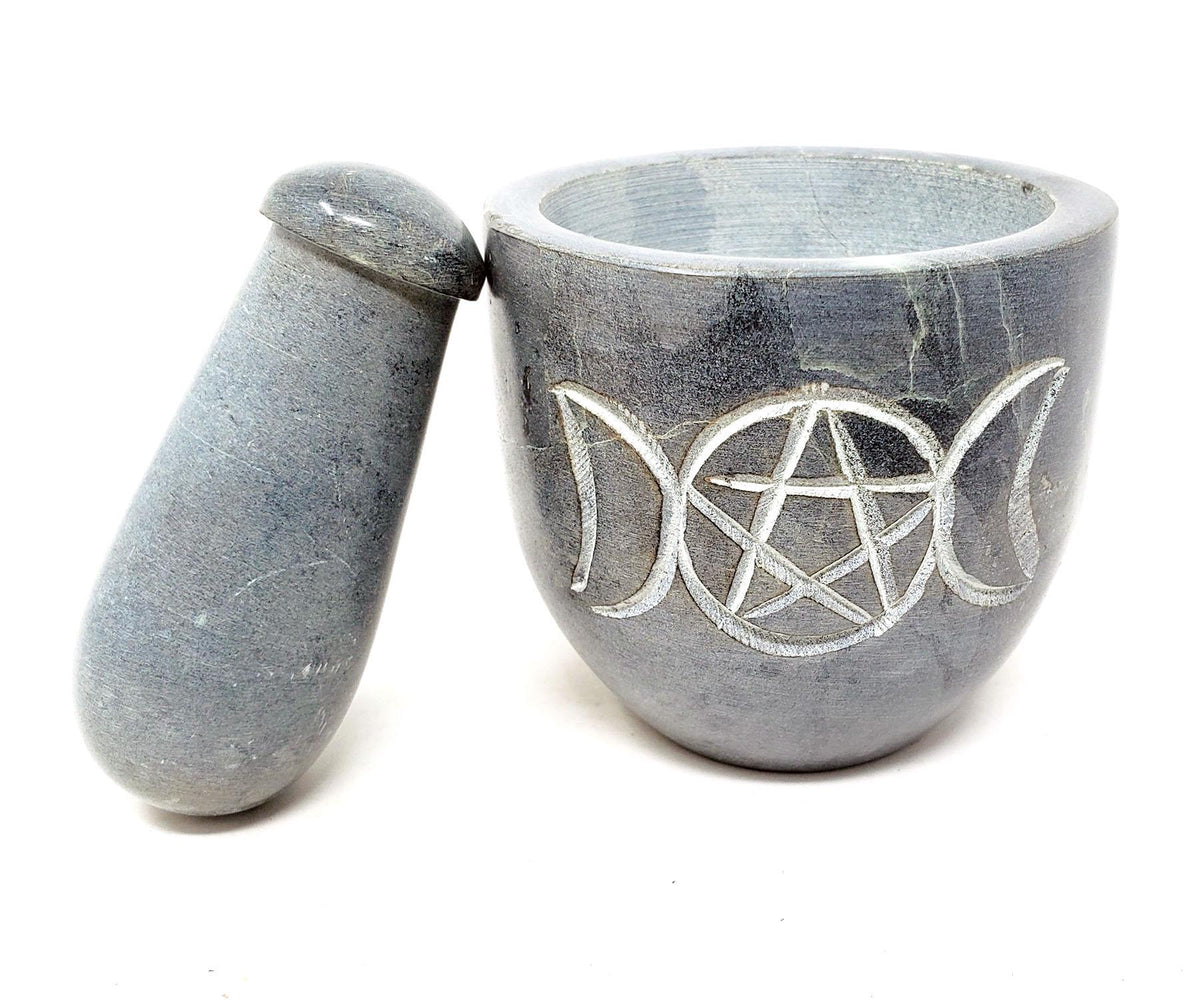 Triple Moon Pentagram Soapstone Mortar & Pestle • Altar Tool • Herb and Incense Grinder