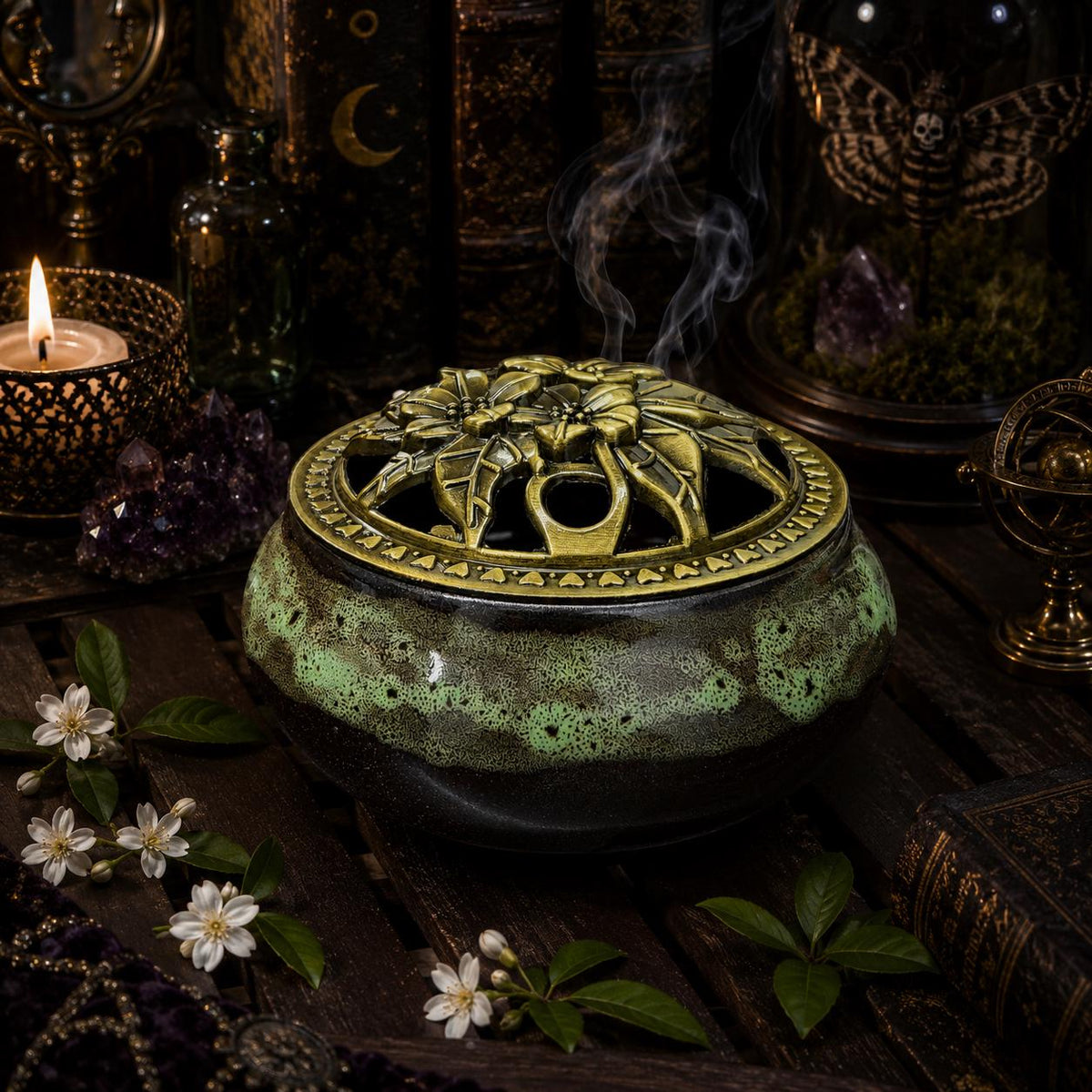 Ceramic Incense Burner Bowl with Lid • 3.75” Charcoal Incense Holder with Fireproof Felt Pad