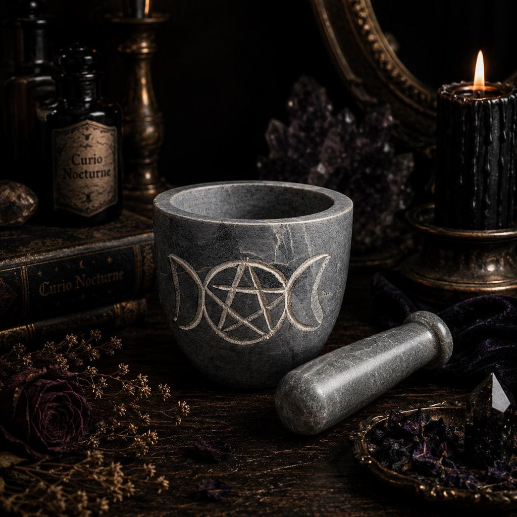 Triple Moon Pentagram Soapstone Mortar & Pestle • Altar Tool • Herb and Incense Grinder