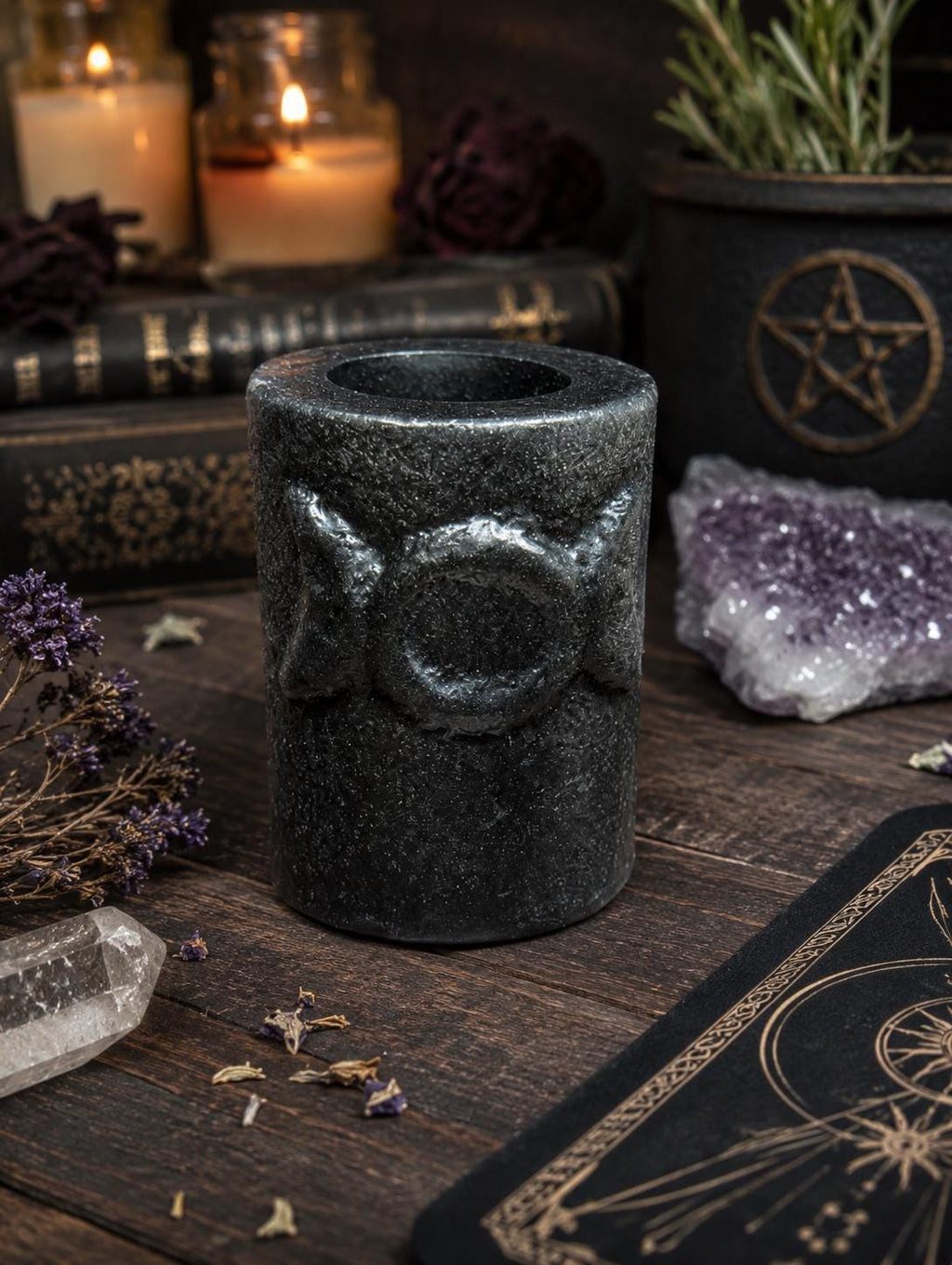 Triple Moon Cast Iron Chime Candle Holder • Altar Candle Holder • Ritual Candle Holder • Witchcraft & Pagan Decor