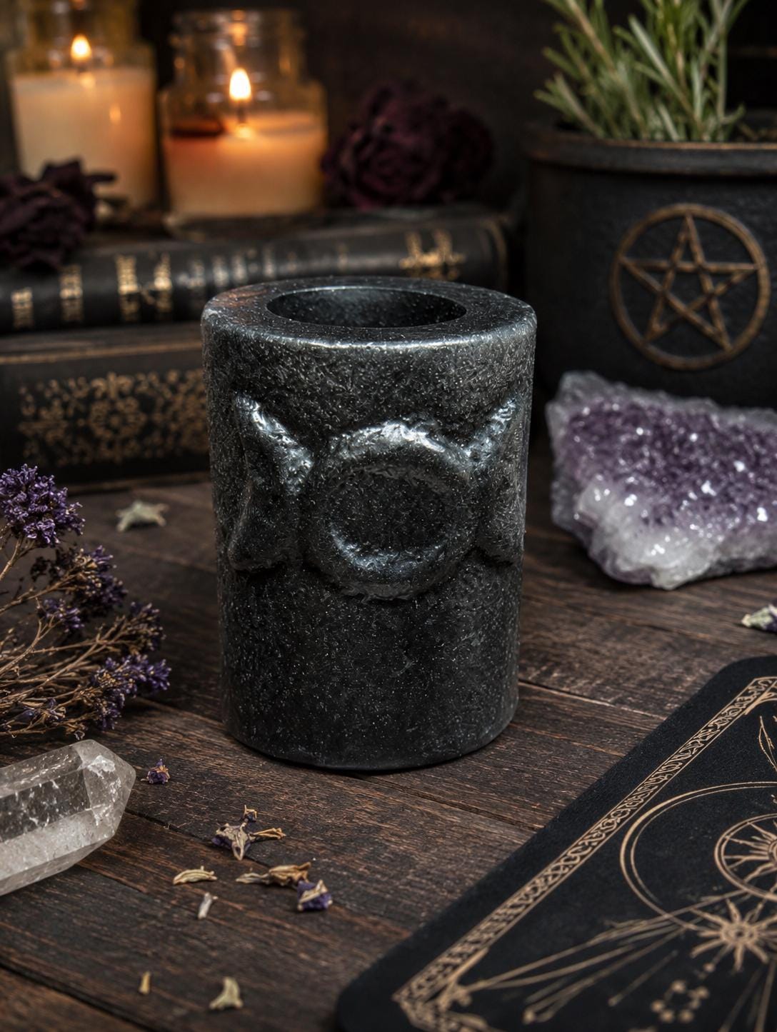 Triple Moon Cast Iron Chime Candle Holder • Altar Candle Holder • Ritual Candle Holder • Witchcraft & Pagan Decor