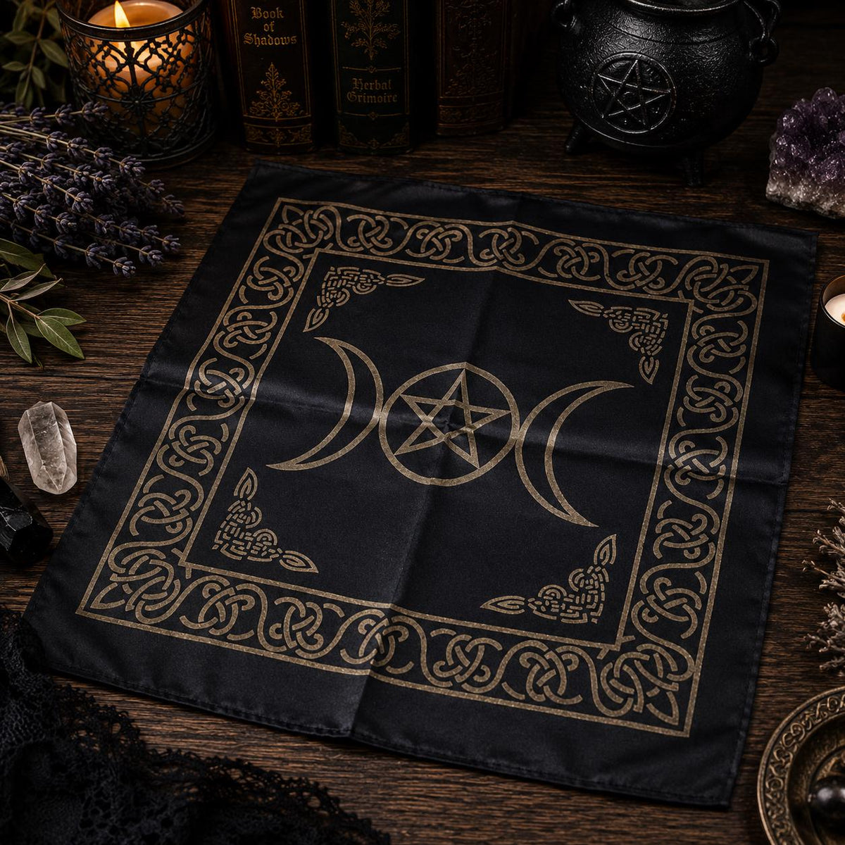 Triple Moon with Pentacle Altar Cloth • Gold Print on Black • 21x21" • Wiccan Altar Cloth • Tarot & Ritual Cloth
