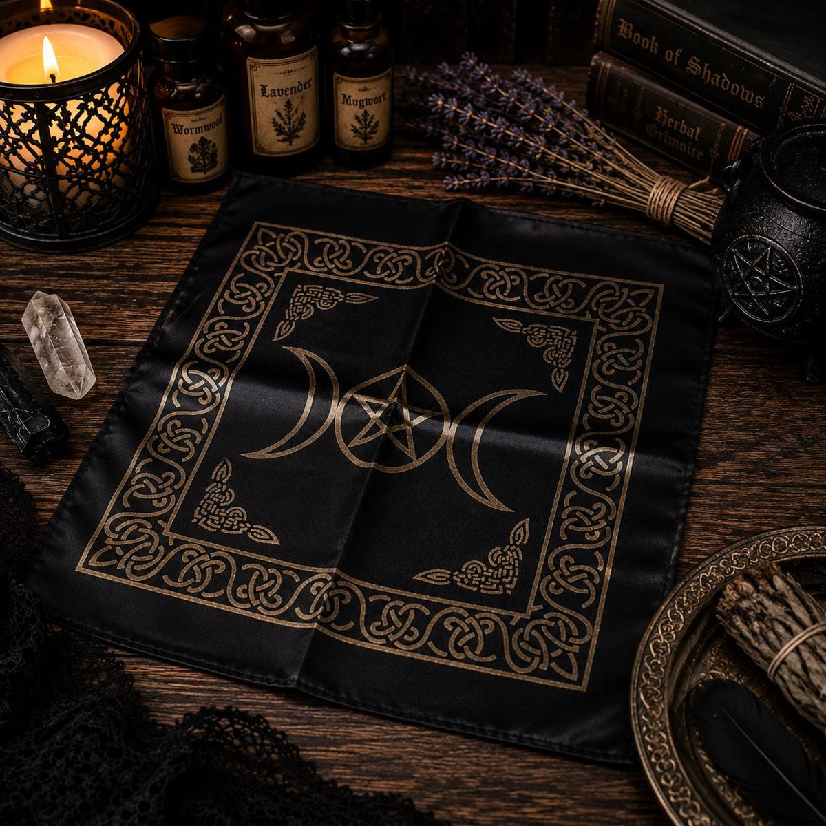 Triple Moon with Pentacle Altar Cloth • Gold Print on Black • 21x21" • Wiccan Altar Cloth • Tarot & Ritual Cloth