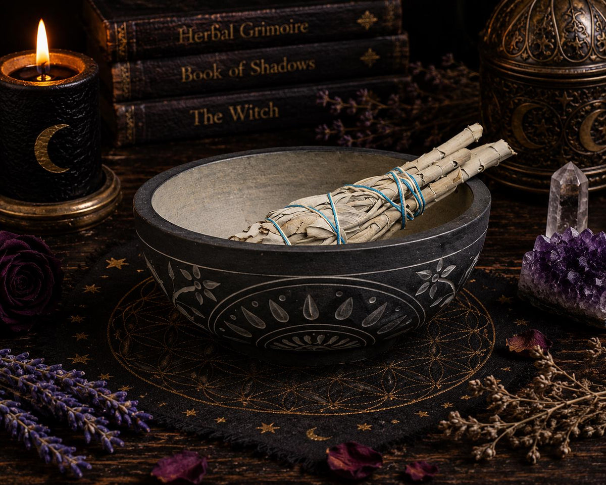 Black Stone Smudge Bowl • Incense Burner • Sage Bowl • Palo Santo Holder • Resin Burner • Ritual Altar Decor • Witch Altar