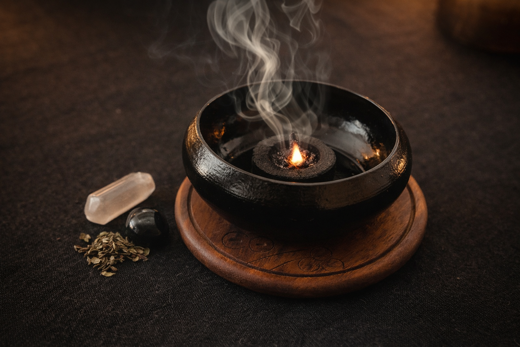 Burn Bowl with Wood Base | Burn Dish for Incense, Petitions & Candle Work | Altar Tool