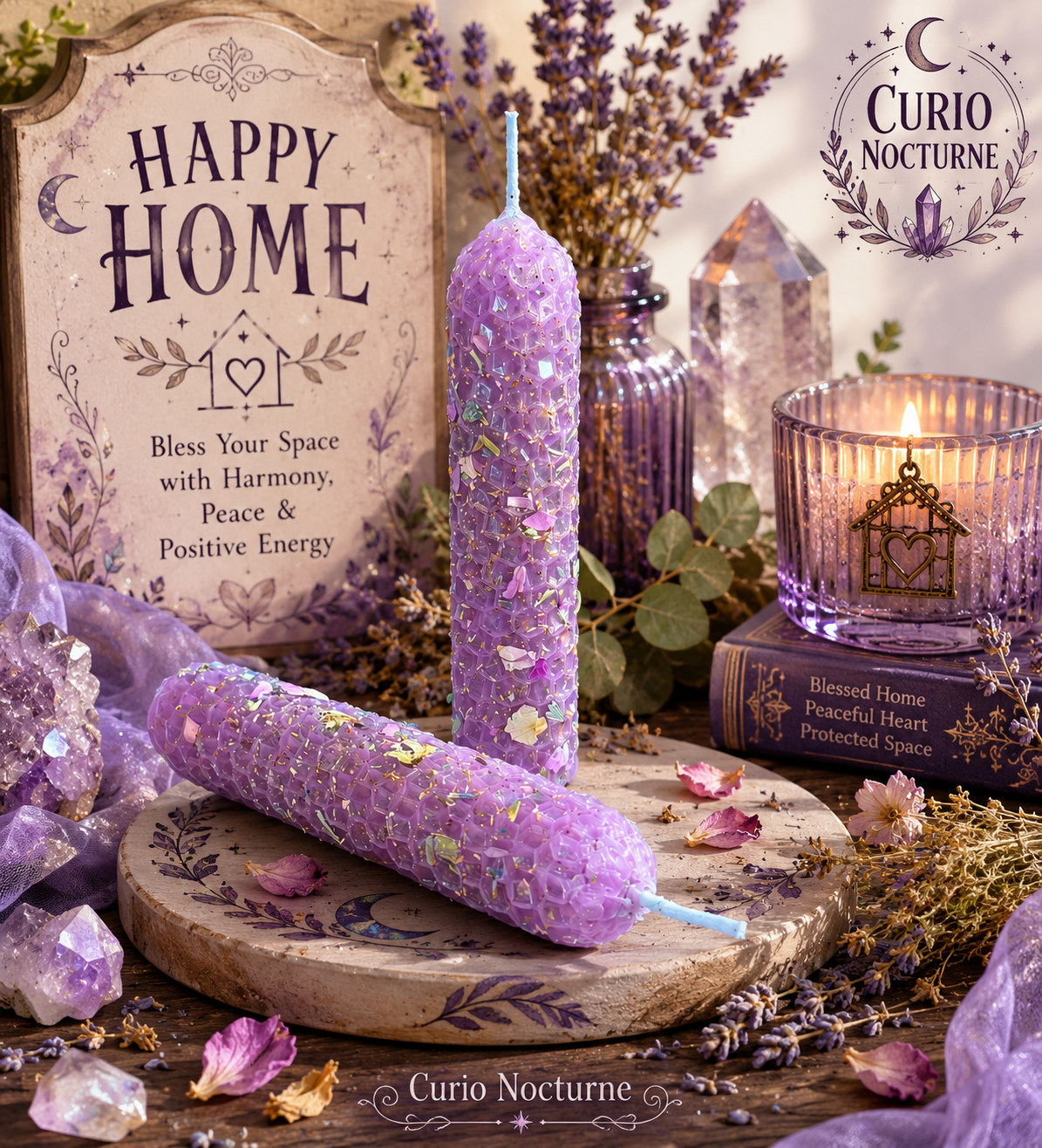 Happy Home Ritual Beeswax Candles • Peace, Harmony and Positive Energy • Hand Made, Blessed and Charged Spell Candles • Set of 2