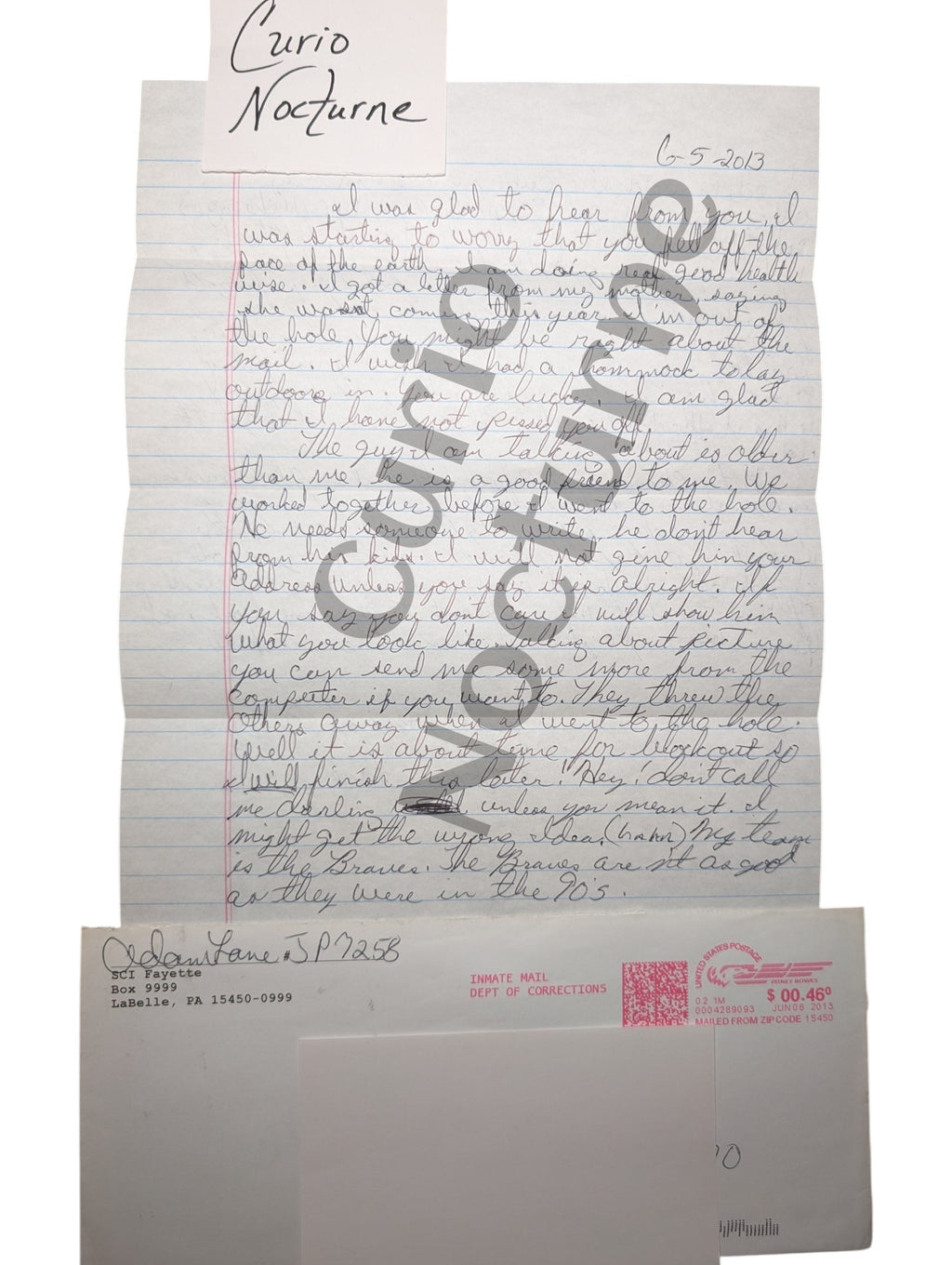 Adam Lane Letter & Envelope