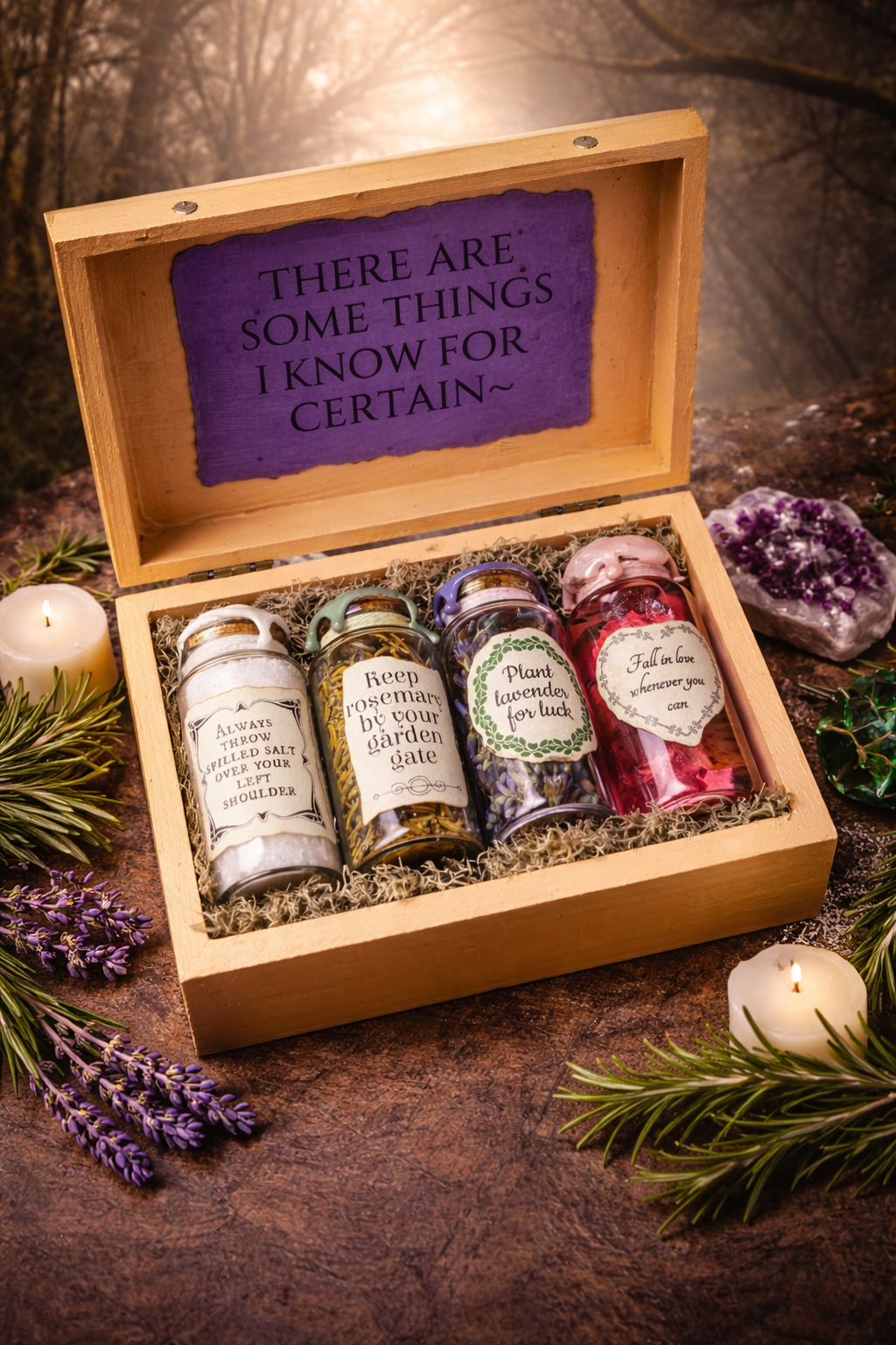Practical Magic Inspired Spell Box | Handmade Witch Gift Set | Salt Rosemary Lavender Love Potion Bottles | Curio Keepsake Box